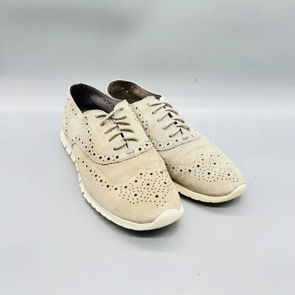 Cole Haan Shoes Womens 6.5 Beige Suede Zerogrand Wingtip Flats Lace Up Comfort